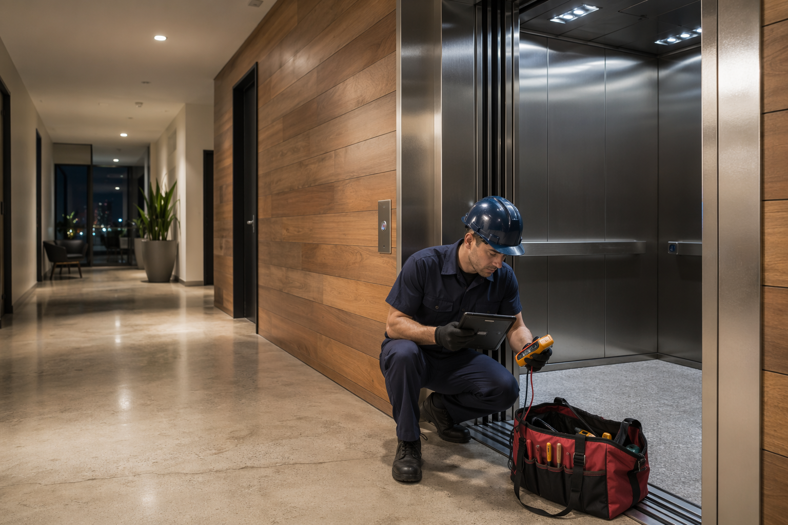 24-Hour Emergency Elevator Repair Response IUEC-certified elevator technician performing 24 hour elevator repair service in a Long Beach CA commercial building lobby at night