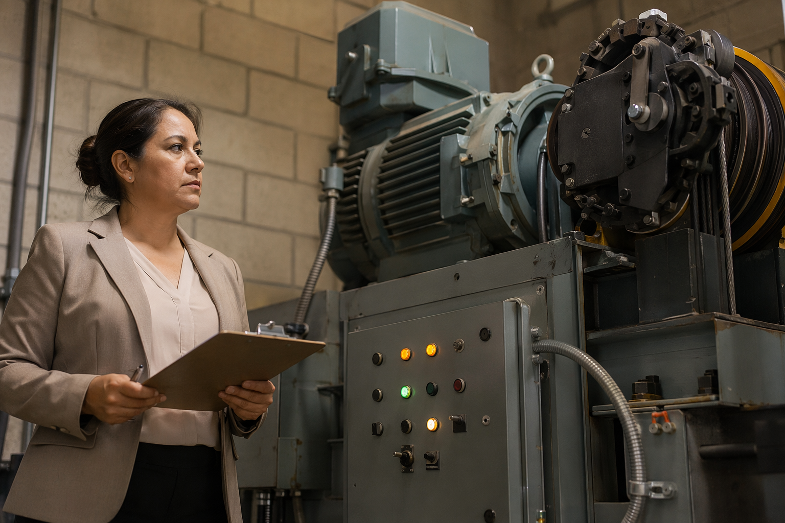 ADA Compliance and Elevator Downtime Risk Building facilities manager reviewing ADA compliance documentation next to elevator machine room controller during an emergency elevator service call in Los Angeles CA