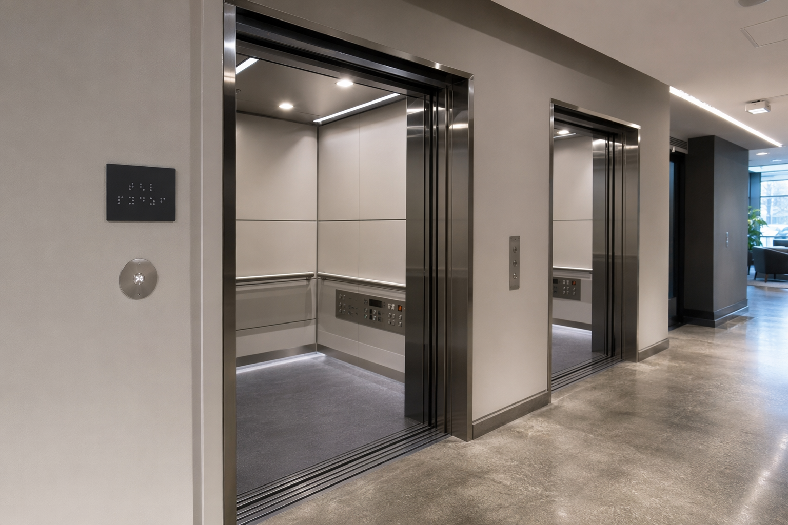 ADA-compliant elevator lobby in a Los Angeles commercial office building showing open stainless steel cab doors, Braille control panel, and tactile floor signage