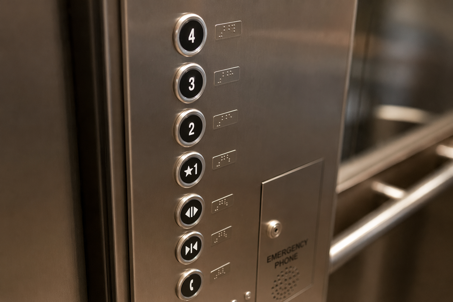 ADA elevator interior control panel with Braille tactile buttons, emergency communication compartment, and accessible reach-height mounting in a compliant cab