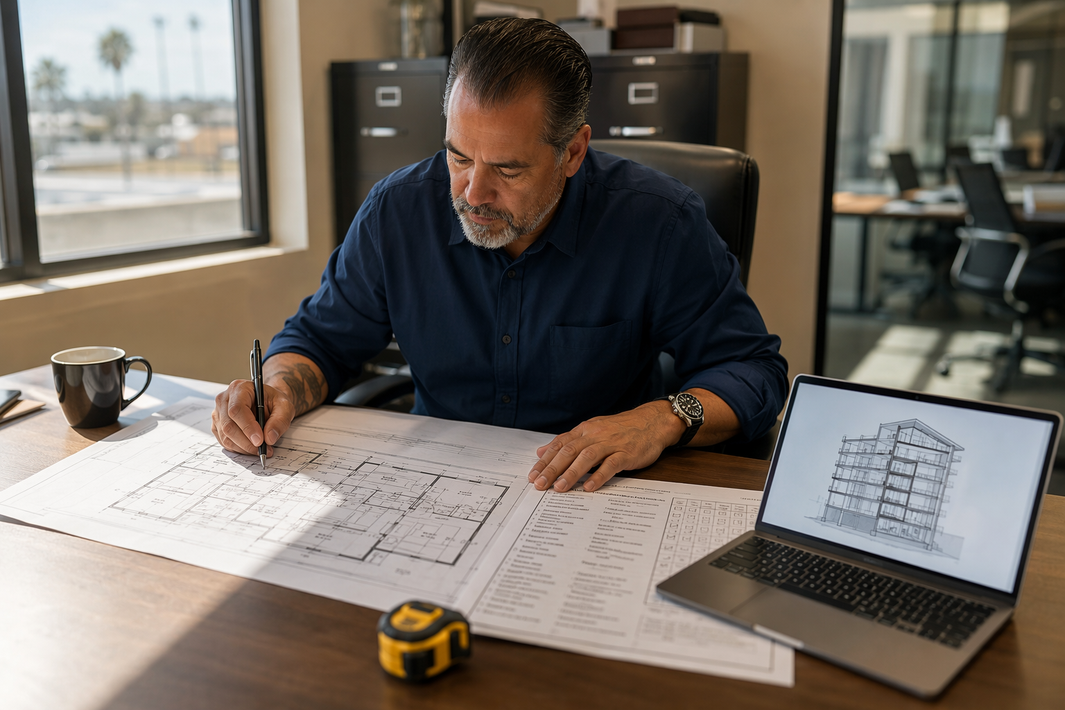 Facilities manager reviewing ADA elevator compliance documentation and building floor plans at a desk in a Long Beach commercial property management office
