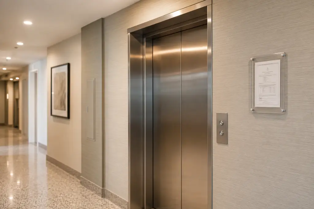 Apartment building elevator lobby in Southern California showing stainless-steel elevator doors and a posted inspection certificate, illustrating elevator maintenance compliance requirements.