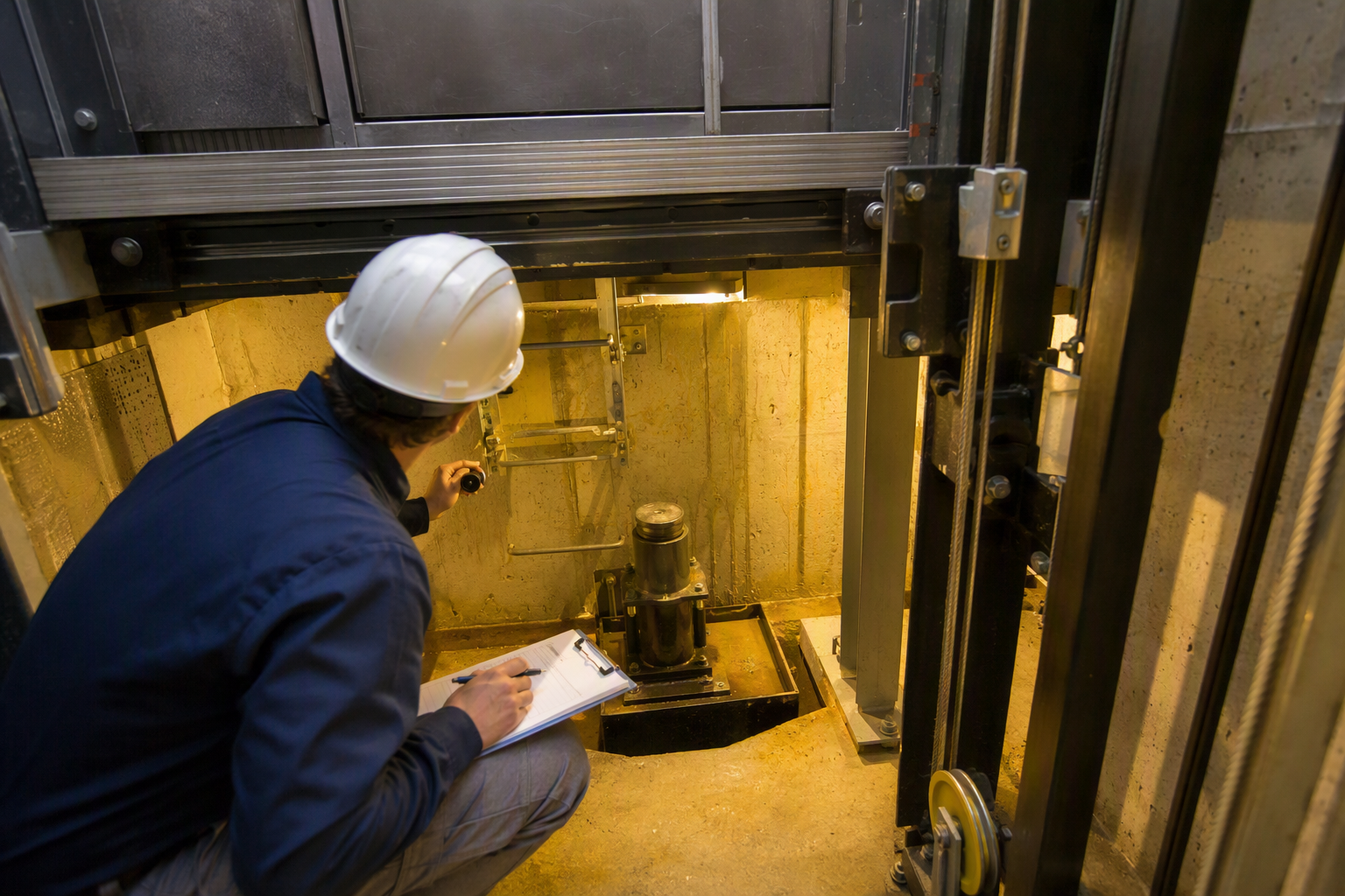 Elevator technician inspecting the pit of a traction elevator in a California apartment building during a required periodic inspection under ASME A17.1 maintenance requirements.