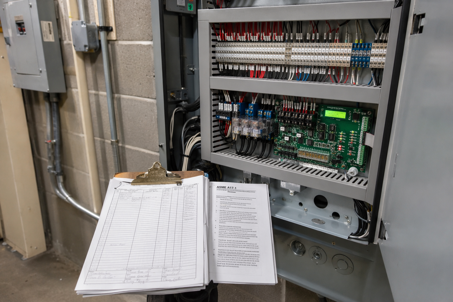 Elevator machine room controller cabinet in an apartment building with open panel and maintenance log clipboard, representing ASME A17.1 code compliance documentation requirements.