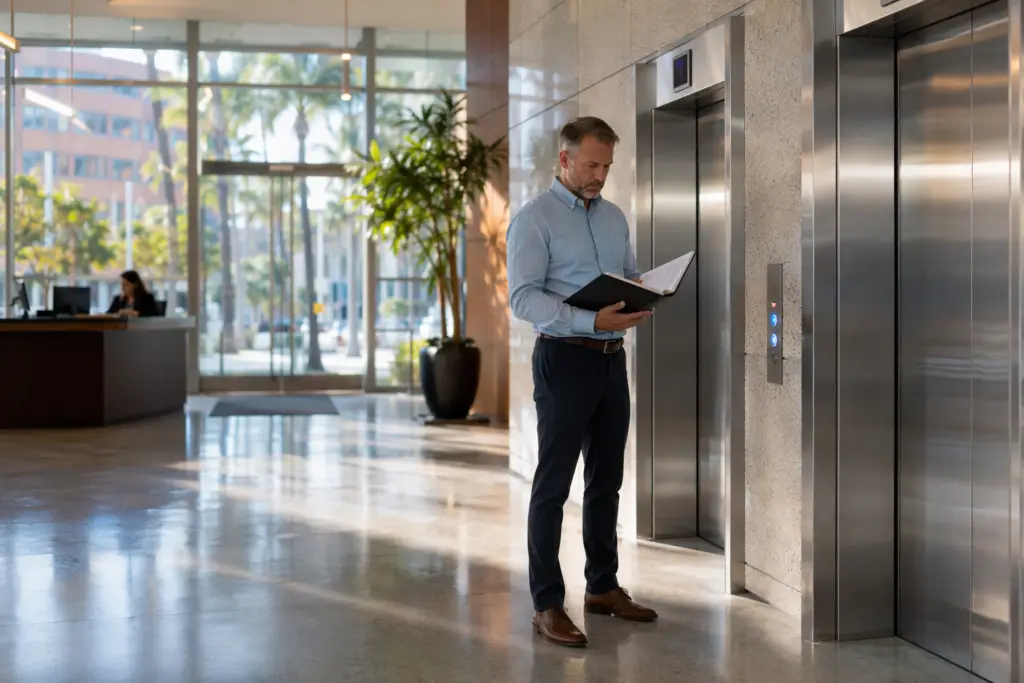 Building manager reviewing ASME A17.1 elevator code compliance documents in a Long Beach CA commercial office lobby with stainless-steel elevator doors