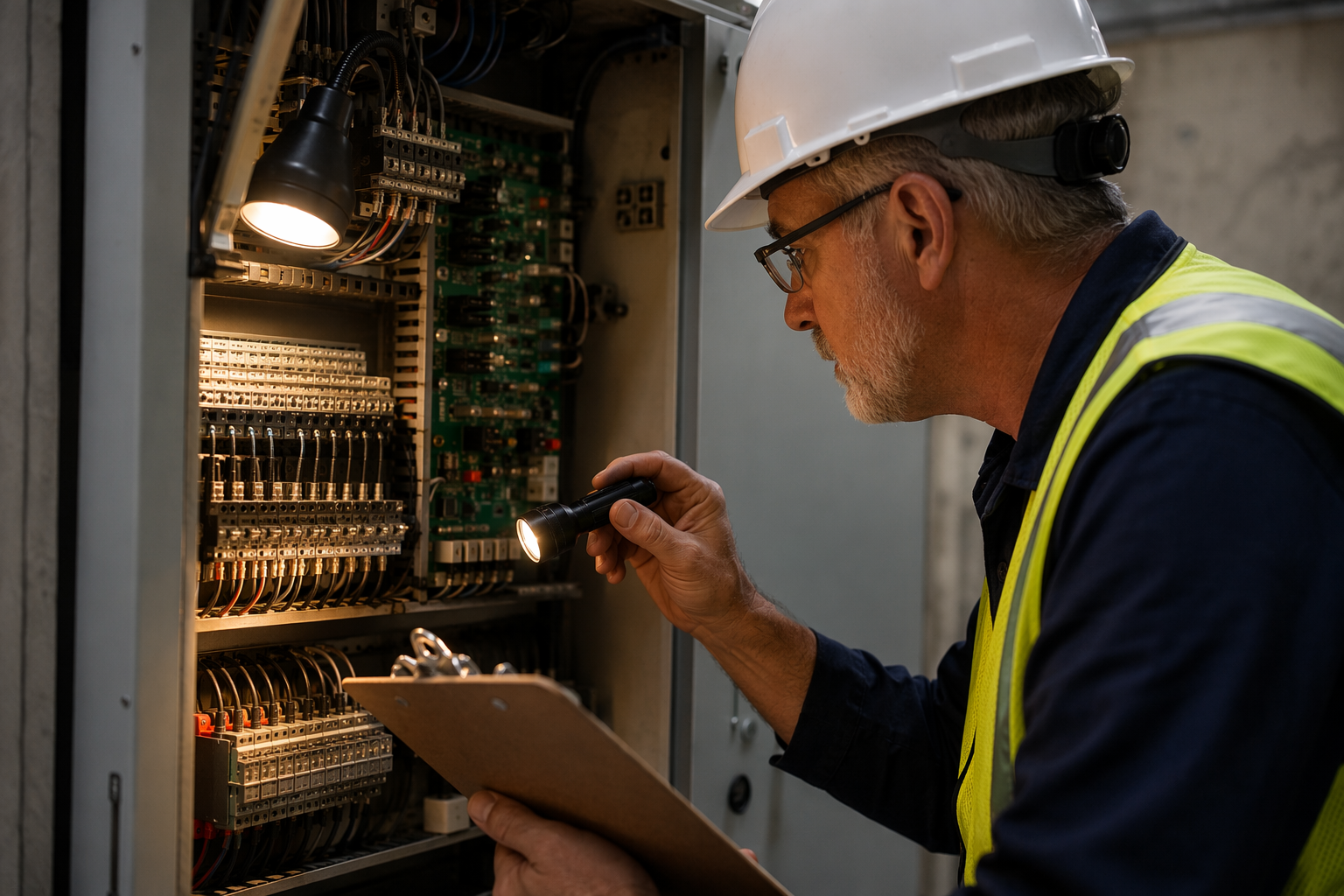 Licensed elevator inspector examining a machine-room controller cabinet during an ASME A17.1 periodic inspection in a Southern California commercial building