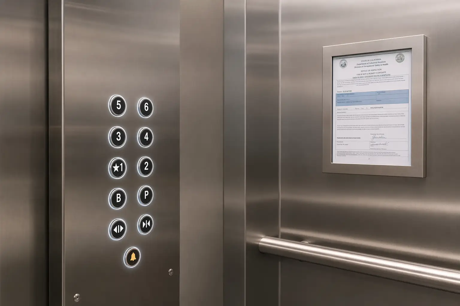 Modernized elevator cab interior in Orange County CA showing LED button panel and ASME A17.1 Cal/OSHA inspection certificate mounted on stainless-steel wall