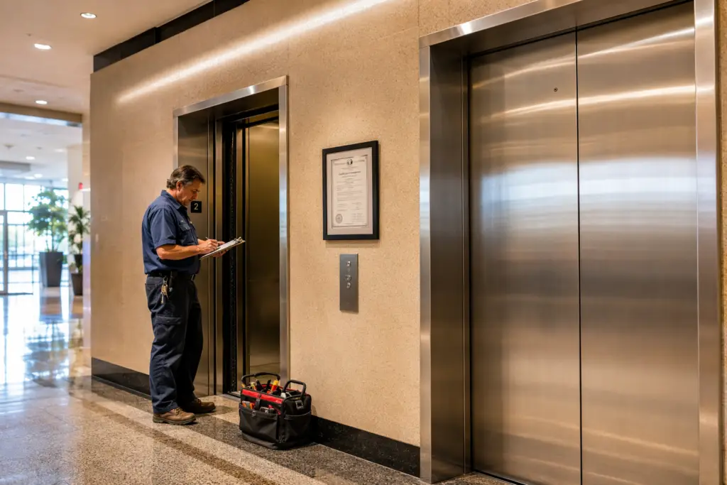 Licensed elevator technician inspecting a commercial elevator bank lobby in Long Beach CA, ensuring compliance with California annual inspection requirements — best elevator maintenance company Long B