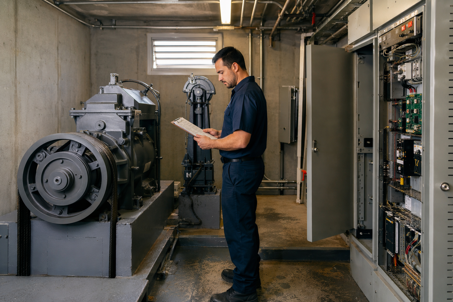 Certified elevator maintenance technician reviewing compliance logbook in a Los Angeles commercial building machine room — best elevator maintenance company Los Angeles