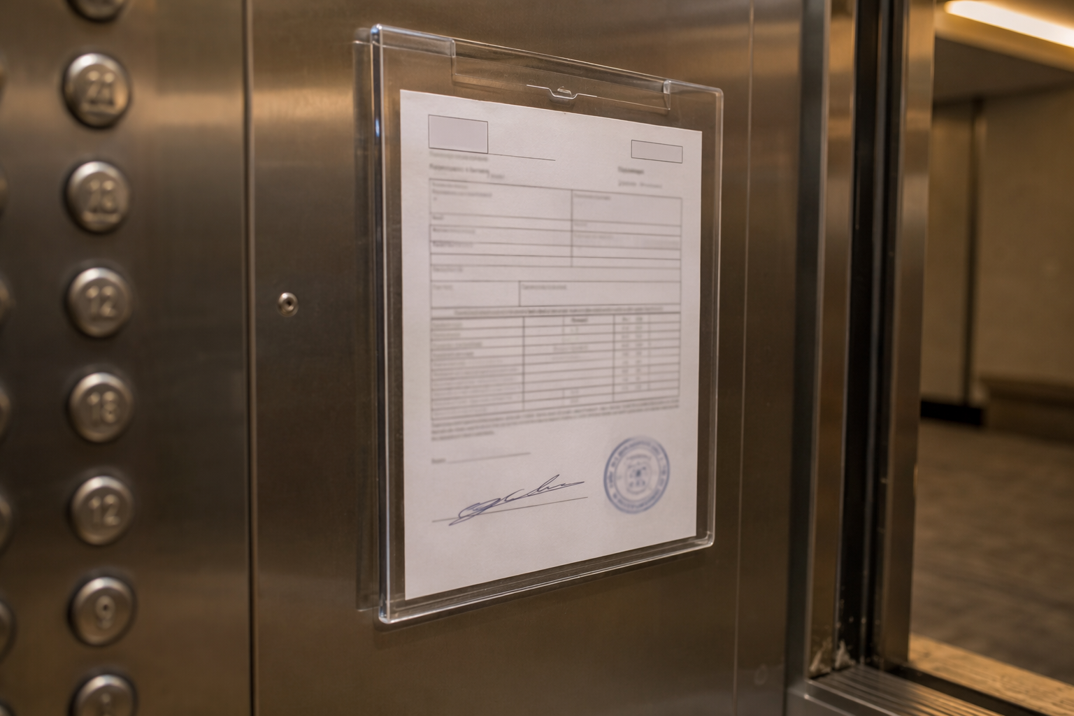 Current elevator inspection certificate mounted inside a Los Angeles commercial building elevator cab, required under California Title 8 and ASME A17.1 regulations