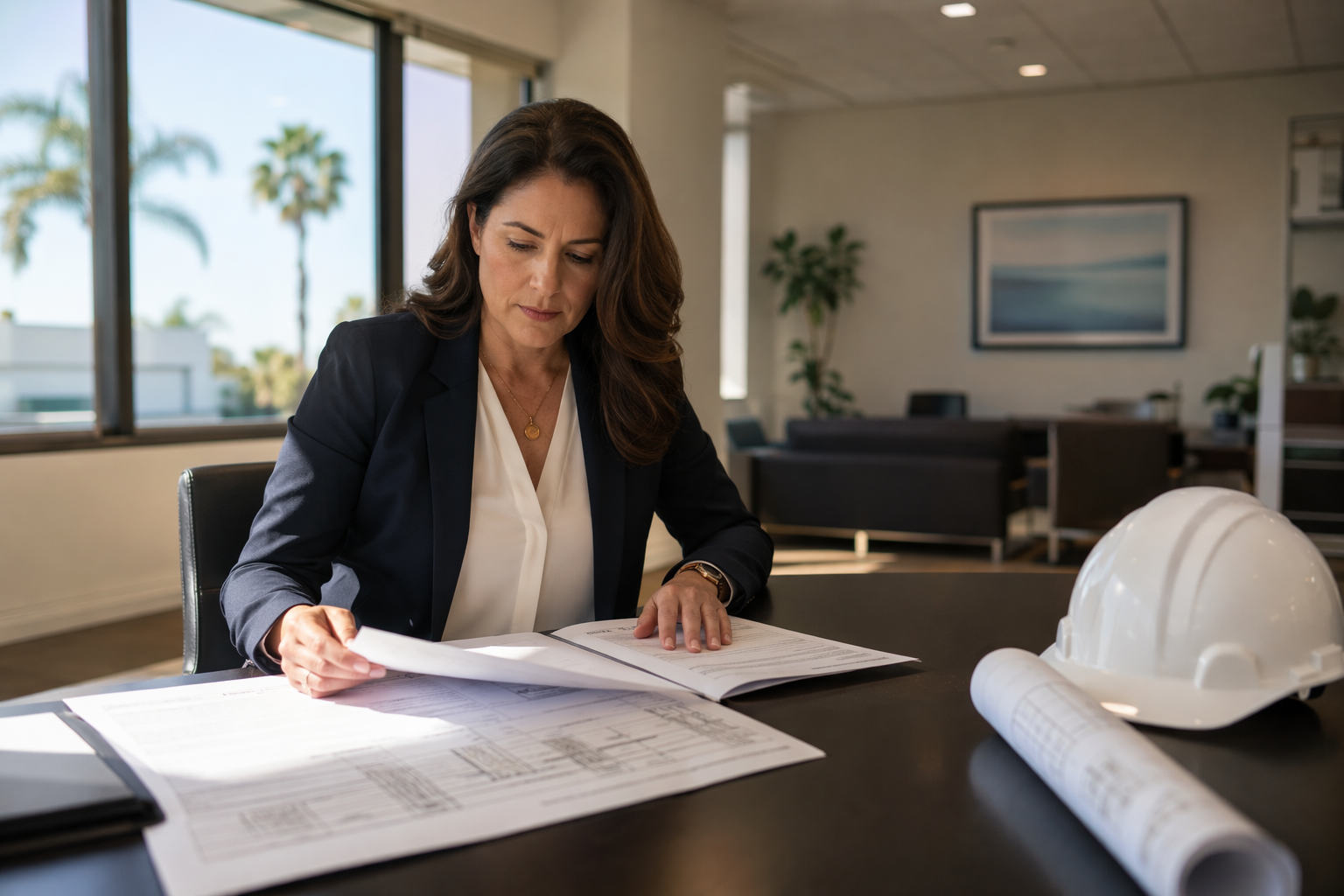 Property manager reviewing a full-service elevator maintenance contract and inspection schedule for a Los Angeles commercial building