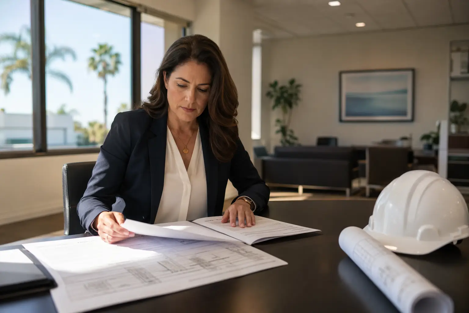 Property manager reviewing a full-service elevator maintenance contract and inspection schedule for a Los Angeles commercial building