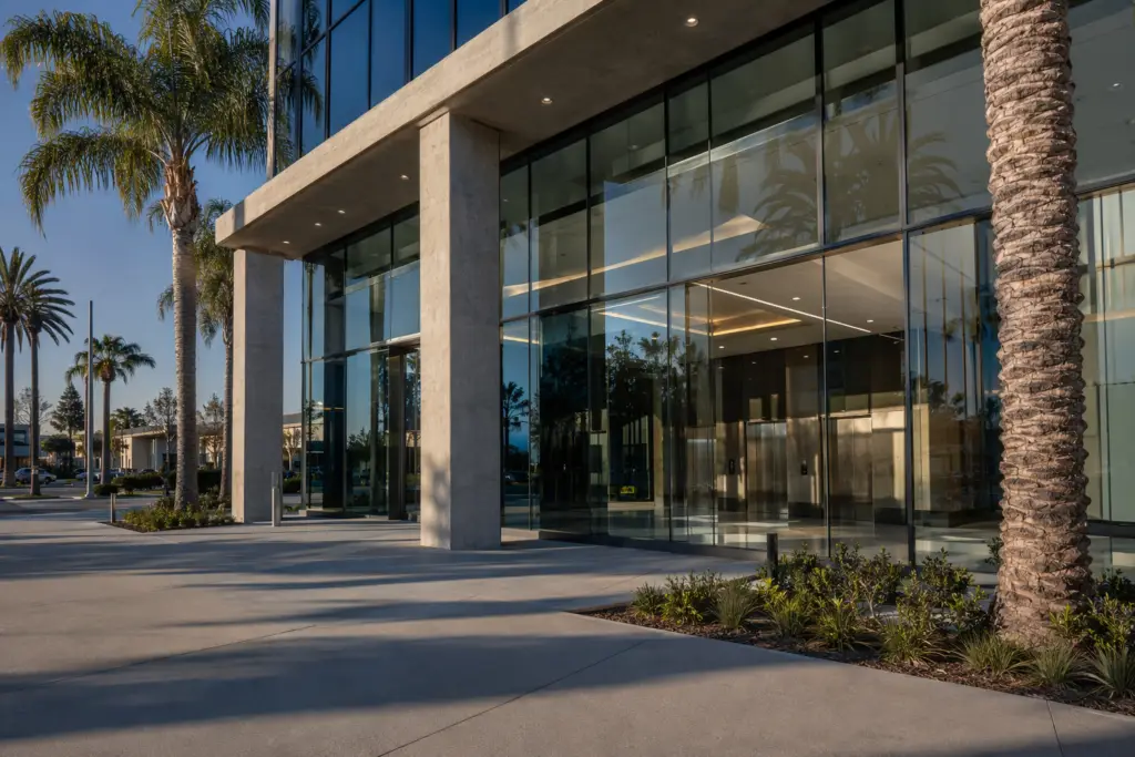 Commercial office building in Signal Hill CA with modern elevator bank visible through lobby windows, representing professional elevator maintenance service in the area
