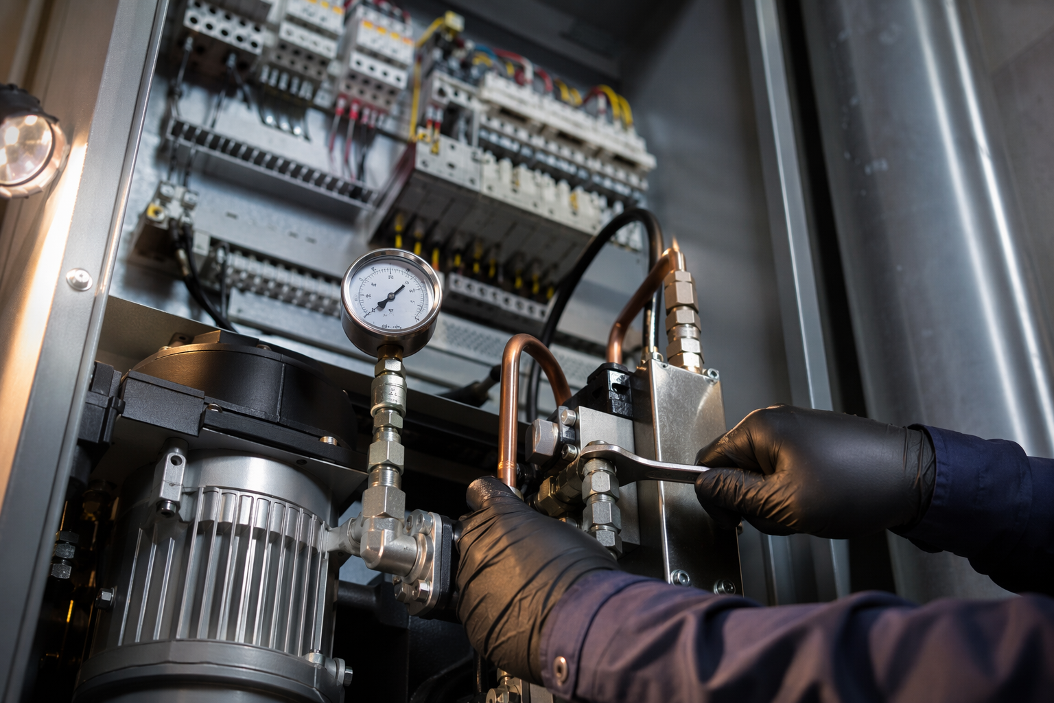 Hydraulic Elevator Machine Room Maintenance IUEC-certified elevator technician servicing a hydraulic power unit during a scheduled monthly preventive maintenance visit in a Signal Hill CA commercial building