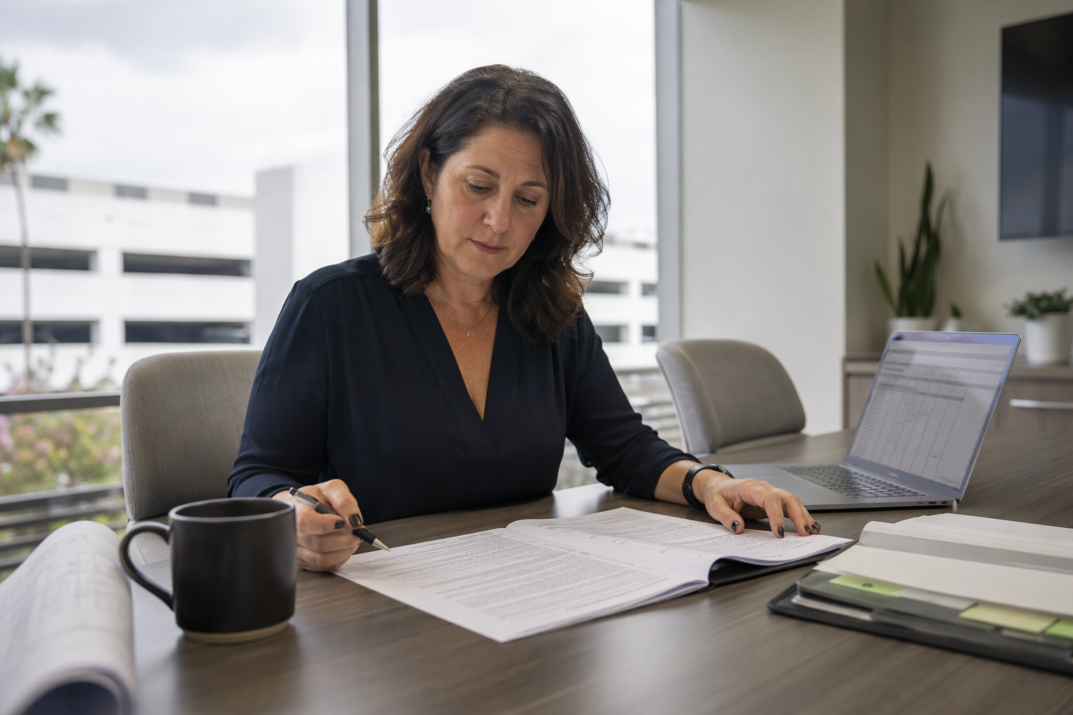Property Manager Reviewing Elevator Service Contract Building property manager reviewing an elevator maintenance contract agreement, evaluating service cost and terms for a Signal Hill CA commercial property