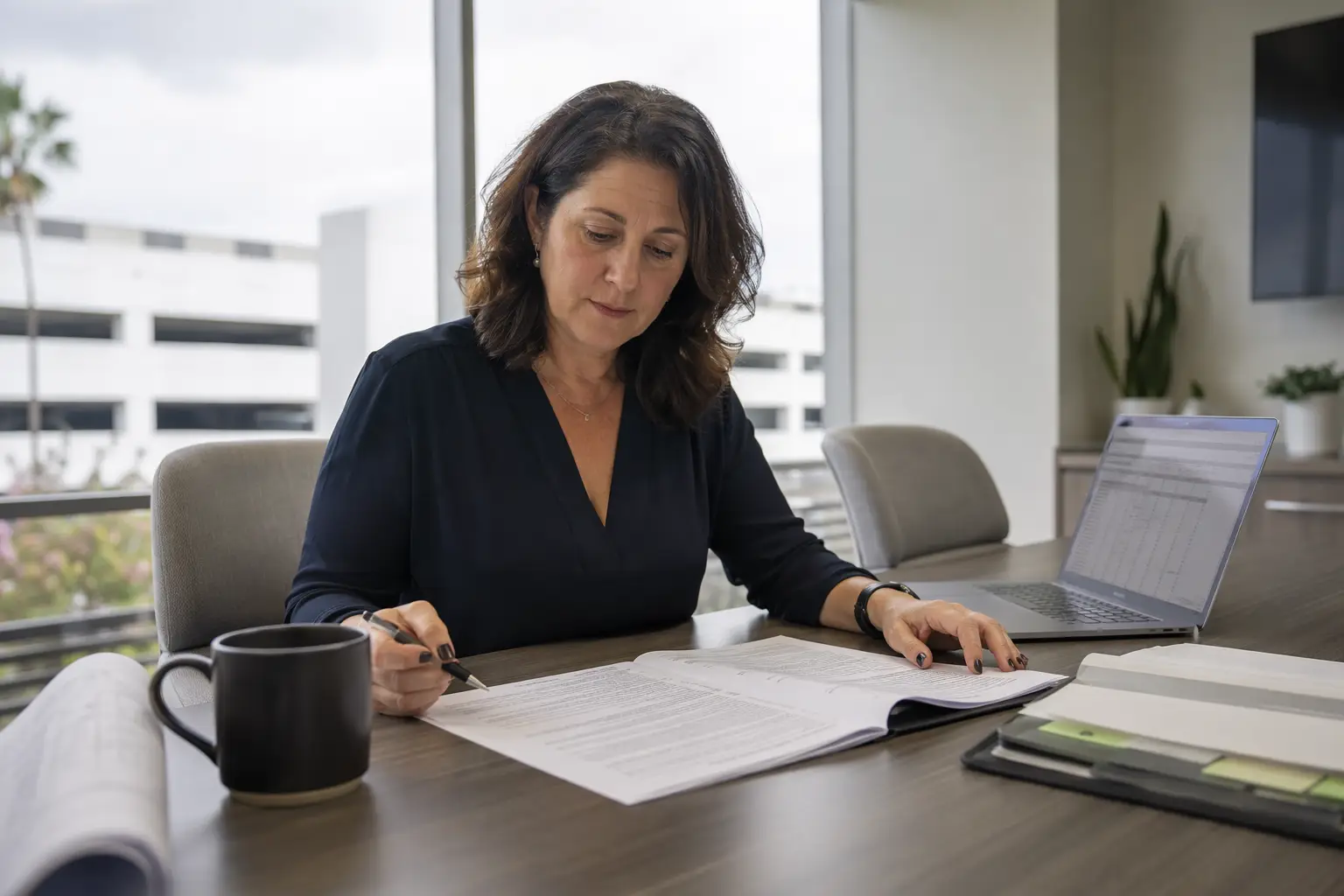 Property Manager Reviewing Elevator Service Contract Building property manager reviewing an elevator maintenance contract agreement, evaluating service cost and terms for a Signal Hill CA commercial property