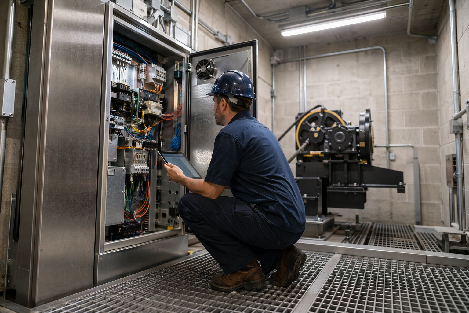 Elevator service technician performing immediate breakdown response at a commercial building machine room controller in Long Beach CA, checking diagnostic systems.