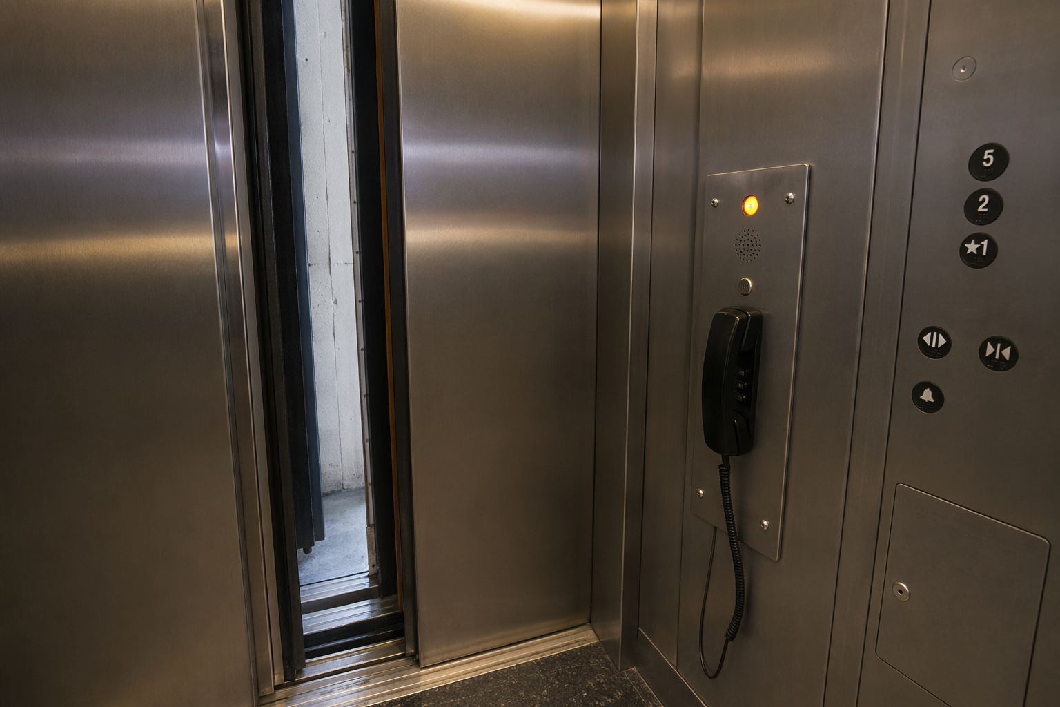 Elevator cab doors stalled half-open during a breakdown with the emergency intercom panel illuminated, showing a life-safety failure requiring immediate technician response.