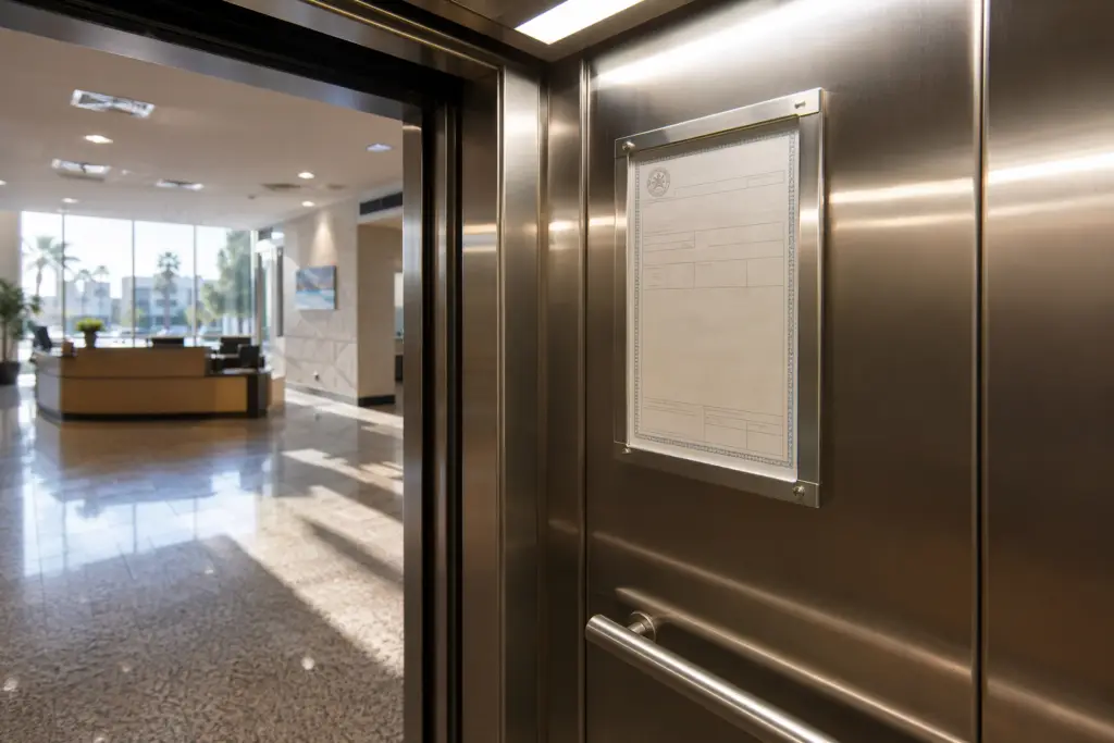 Elevator certificate of compliance displayed inside a commercial building elevator cab in Long Beach CA, mounted in a clear frame on the stainless-steel wall