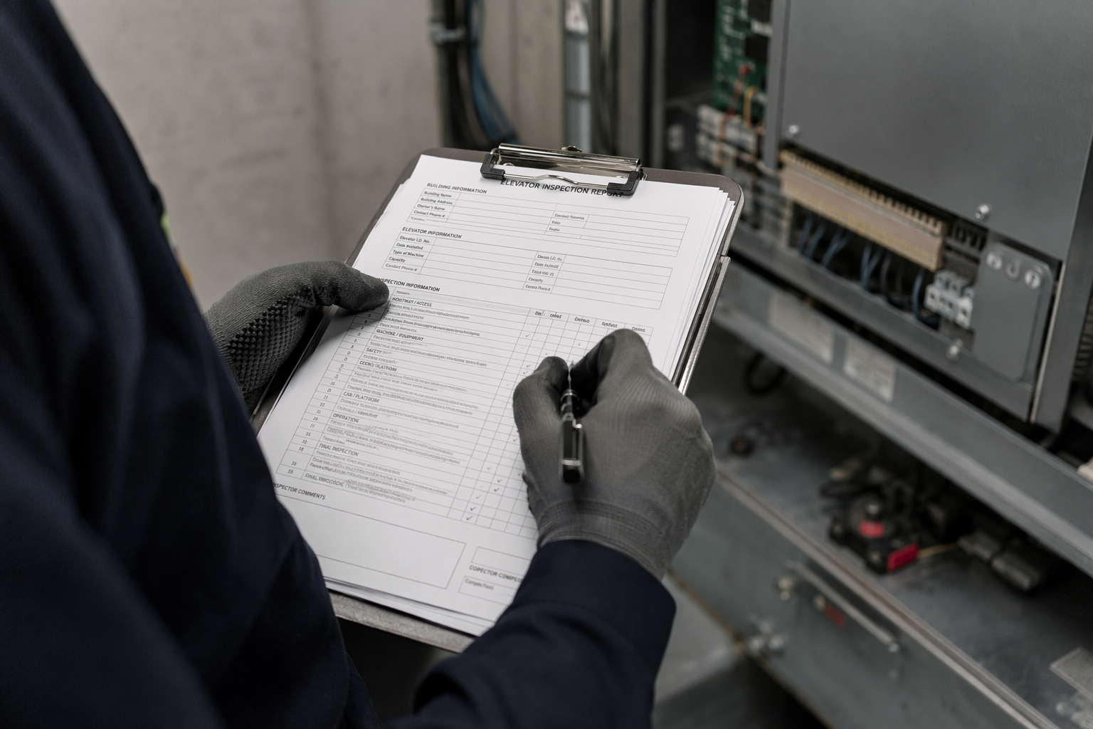 Elevator Inspection Documentation Review Licensed elevator inspector reviewing inspection report documentation in a machine room during an elevator certificate of compliance renewal inspection