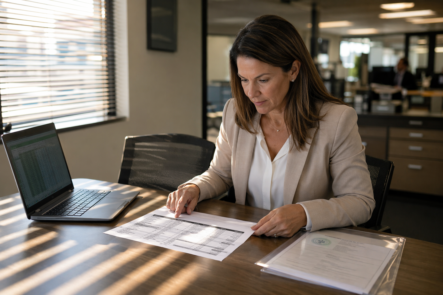 Building Manager Comparing Compliance Options Building property manager in Signal Hill CA comparing elevator certificate of compliance renewal options and vendor documentation at an office desk