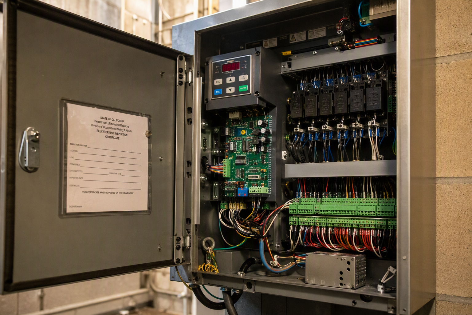 Elevator Controller and Code Standards Elevator machine room controller cabinet showing ASME code-compliant drive system components and inspection certificate in a California commercial building