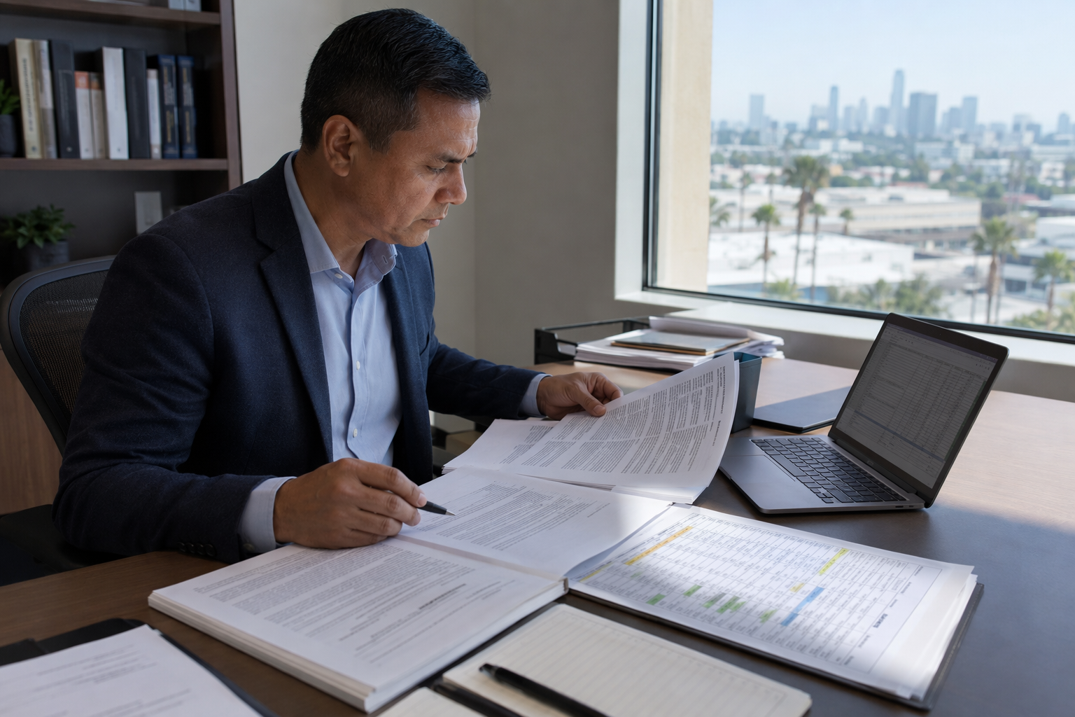 Facility manager reviewing elevator code update requirements and inspection schedules for a Los Angeles area commercial property