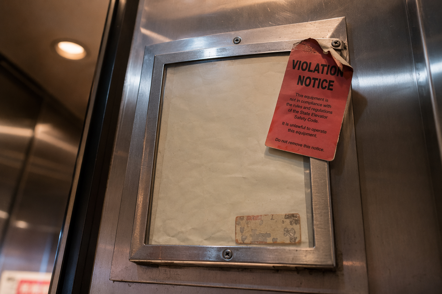 Expired elevator inspection certificate with a violation notice tag inside a commercial cab — a common trigger for elevator code violation penalties and enforcement action.