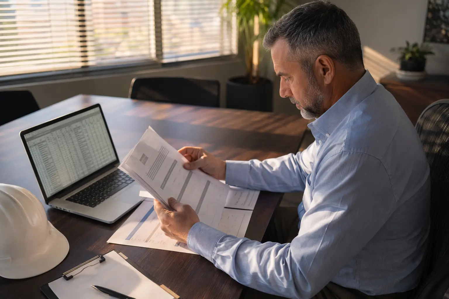Facilities manager in Los Angeles reviewing elevator code violation penalty notice and corrective action plan at office desk — decision guide for building owners.