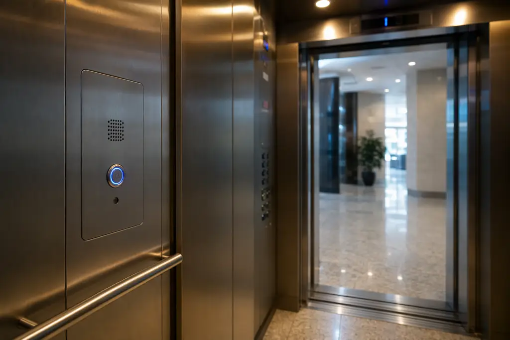 Commercial elevator cab interior in Long Beach CA showing a flush-mounted emergency phone call button on the stainless-steel control panel, required by ASME A17.1 and California Title 8 CCR.