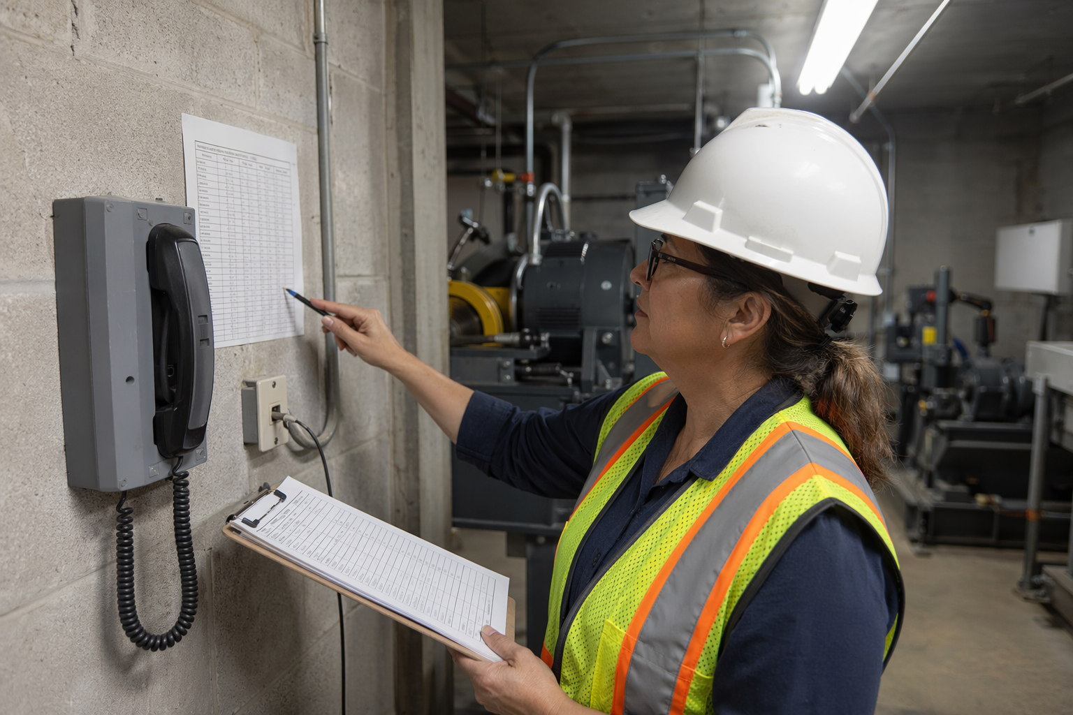 Cal/OSHA elevator inspector reviewing emergency phone compliance documentation and test log in a Los Angeles building machine room during an annual elevator inspection.
