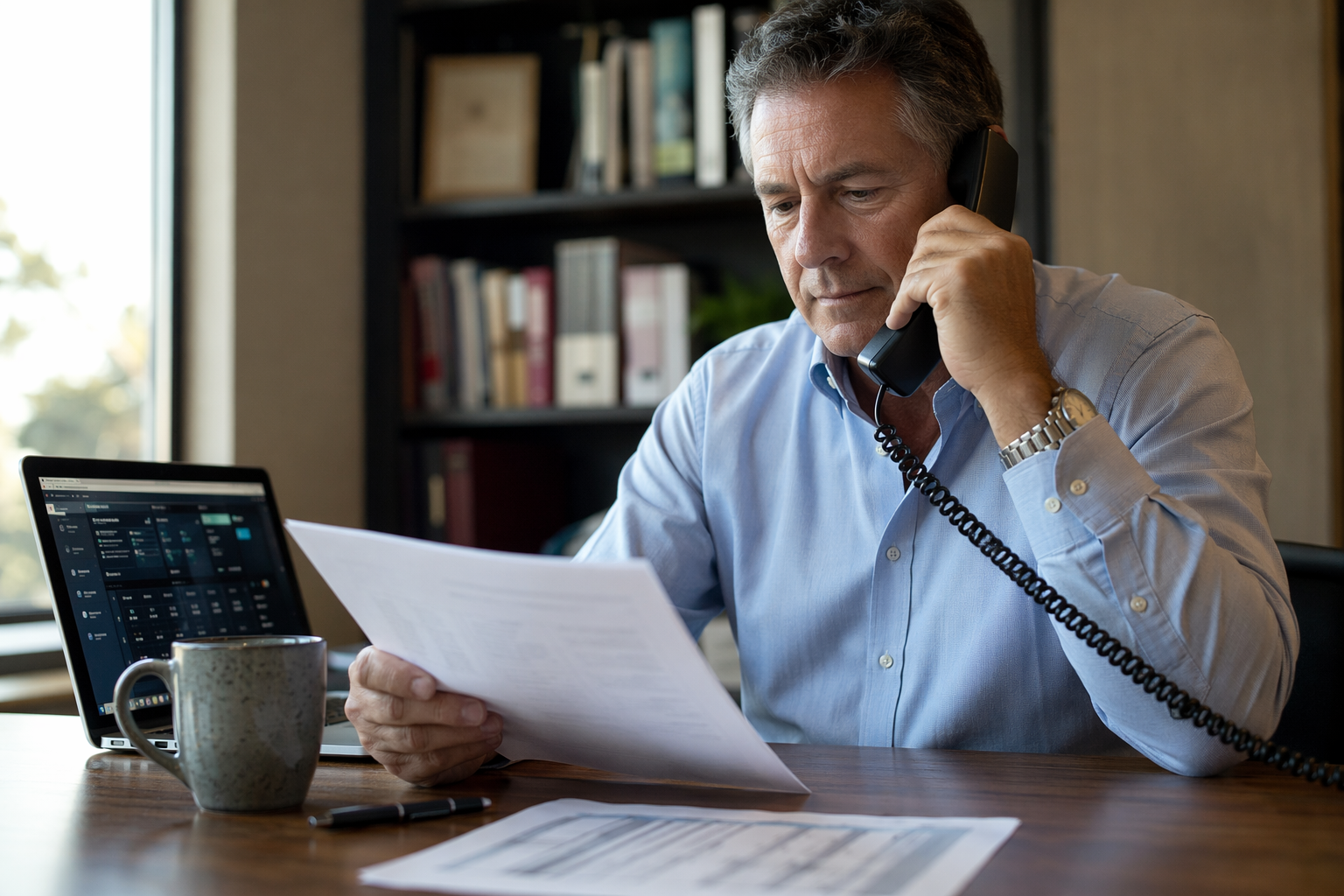 Signal Hill CA building manager on the phone reviewing an elevator emergency monitoring service contract, ensuring 24/7 live-answer compliance for the elevator emergency phone number requirement.