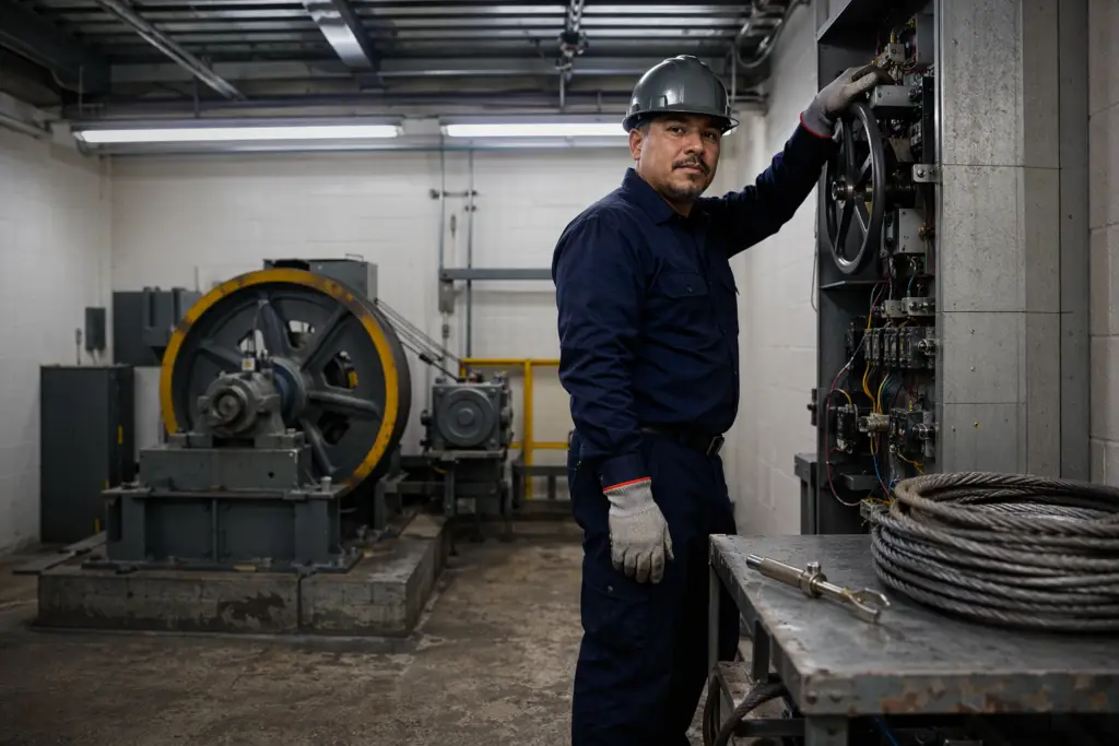 Licensed elevator technician operating the hand-winding device in a machine room during an elevator entrapment rescue procedure in a Long Beach CA commercial building.