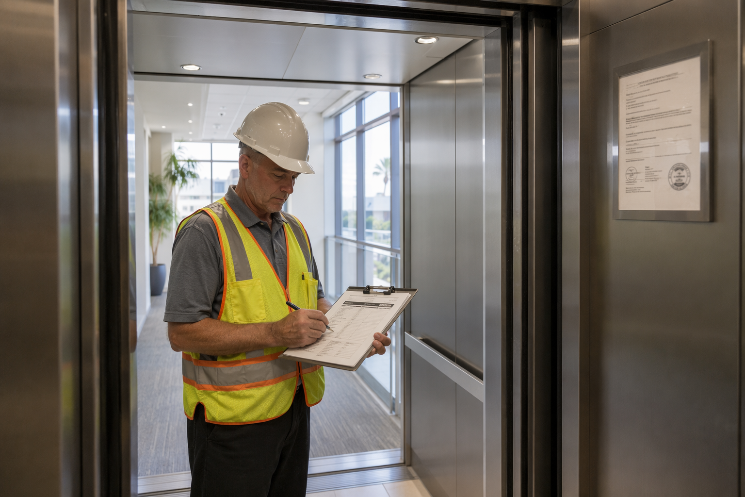 Elevator Inspection Checklist Review – Signal Hill CA Certified elevator inspector reviewing an elevator inspection checklist inside a commercial building elevator cab in Signal Hill, CA, with California permit posted on wall.