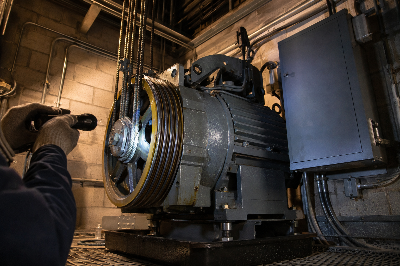Machine Room Drive System Inspection Detail Close-up of traction elevator machine room equipment including motor, sheave, and hoist ropes being inspected as part of an elevator inspection checklist in Southern California.