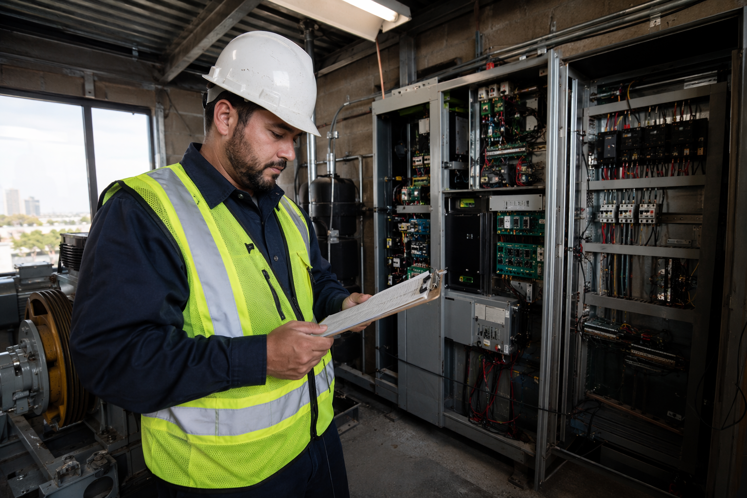CA Elevator Inspector in Machine Room California-licensed elevator inspector reviewing inspection checklist in commercial building machine room, illustrating elevator inspection requirements CA under Cal/OSHA