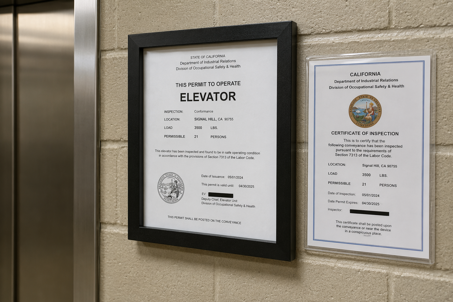 California Elevator Operating Permit & Inspection Certificate California DIR elevator permit to operate and inspection certificate mounted in commercial building lobby, required documentation under California elevator inspection requirements