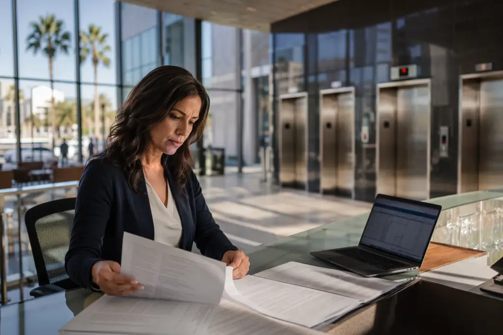 Building manager reviewing elevator maintenance contract pricing documents at a facilities desk with a commercial elevator bank visible in the background, Long Beach CA office building.