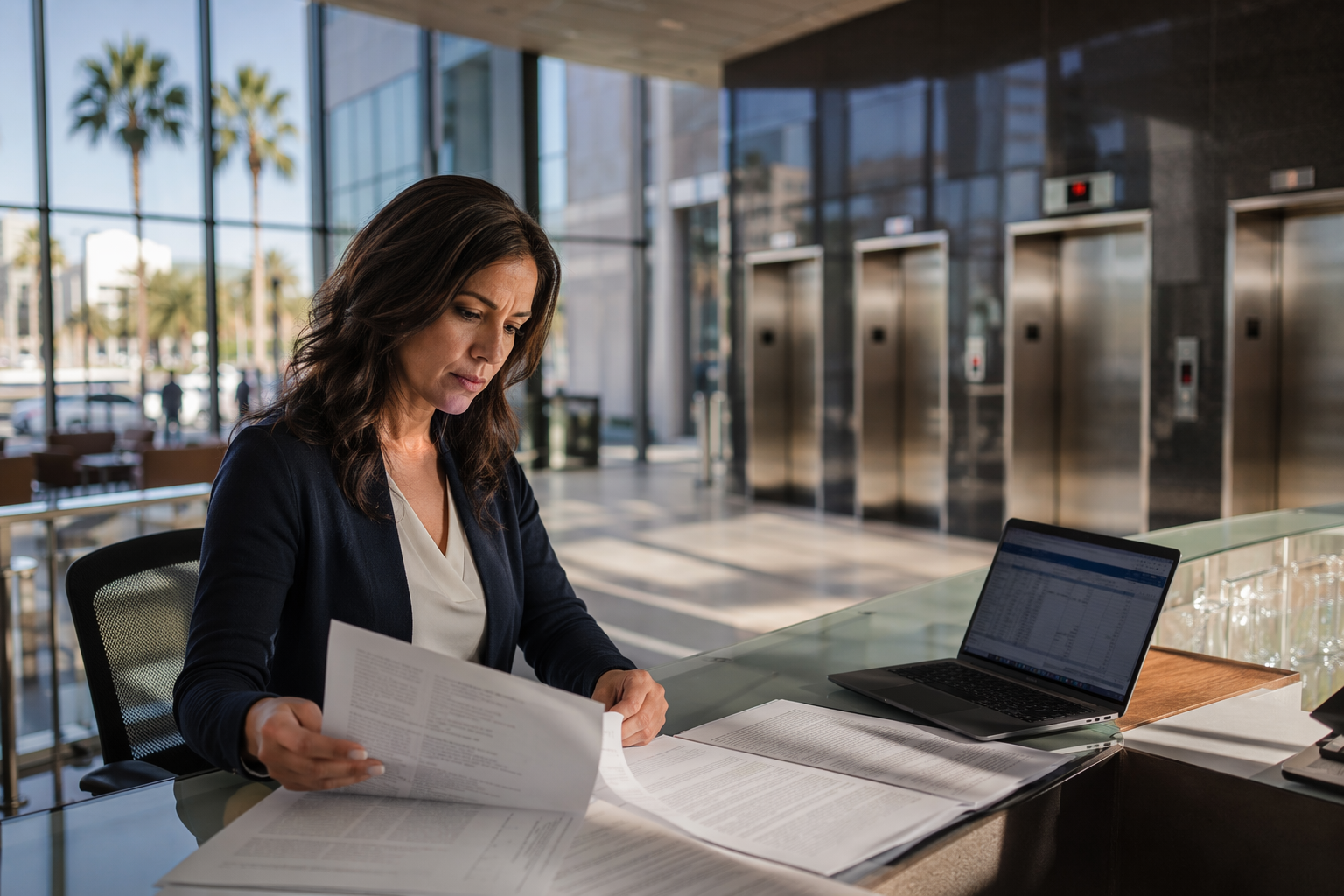 Building manager reviewing elevator maintenance contract pricing documents at a facilities desk with a commercial elevator bank visible in the background, Long Beach CA office building.
