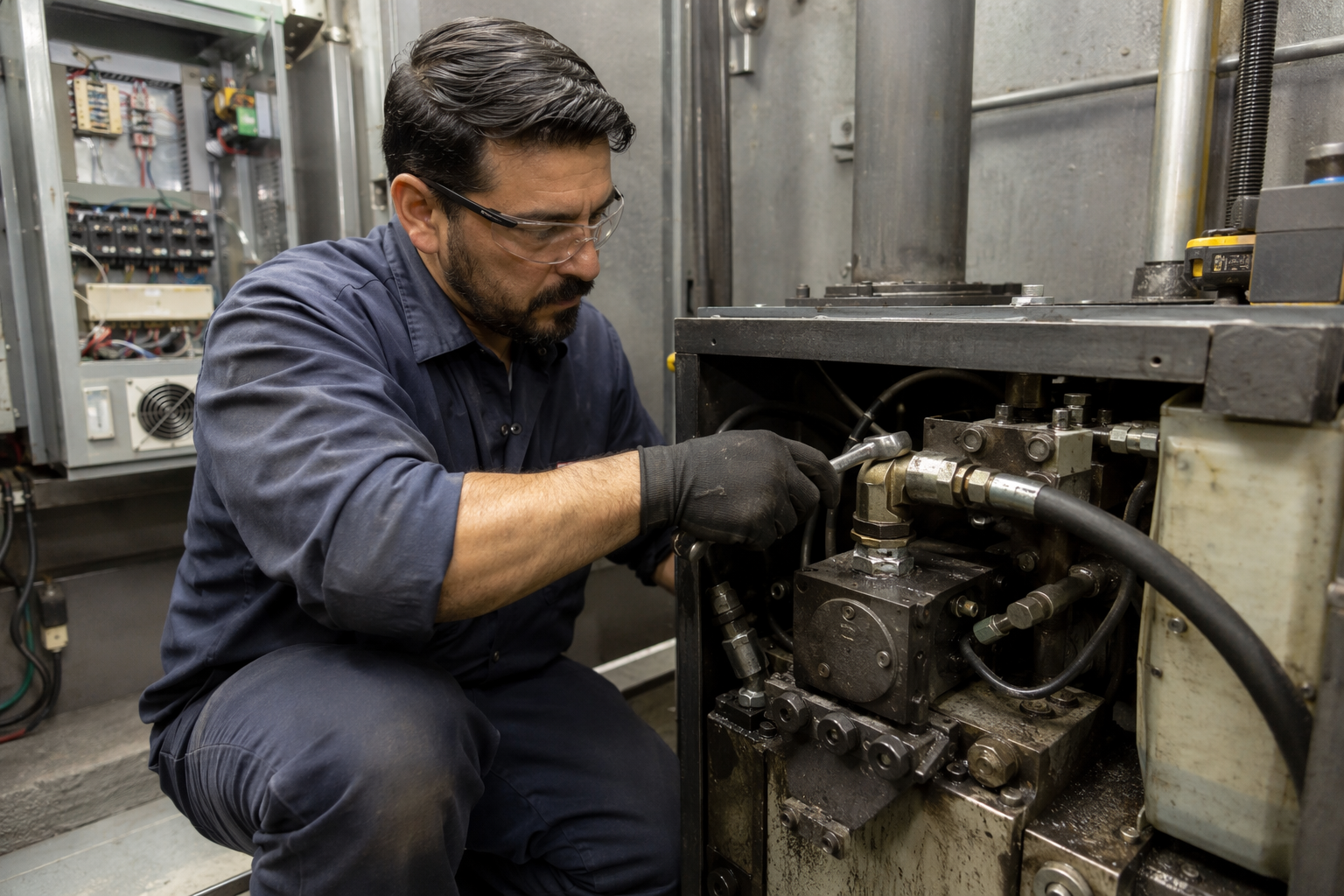 Elevator technician servicing a hydraulic pump unit in a commercial machine room, illustrating the difference between oil-and-grease and full-service elevator maintenance contracts.