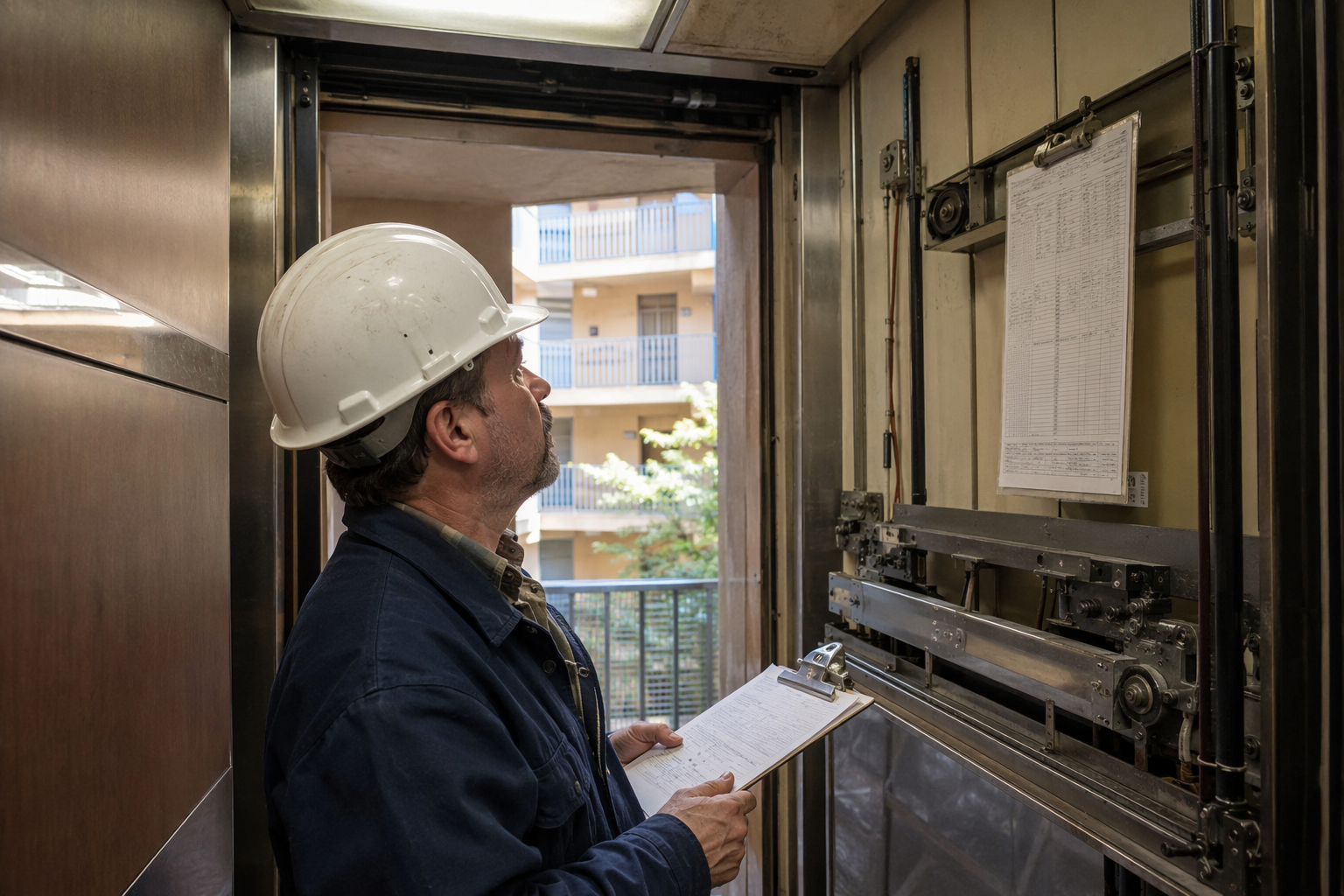 Elevator inspector reviewing a compliance checklist inside an older traction elevator cab at a Signal Hill CA apartment building, a key factor in elevator maintenance contract pricing decisions.