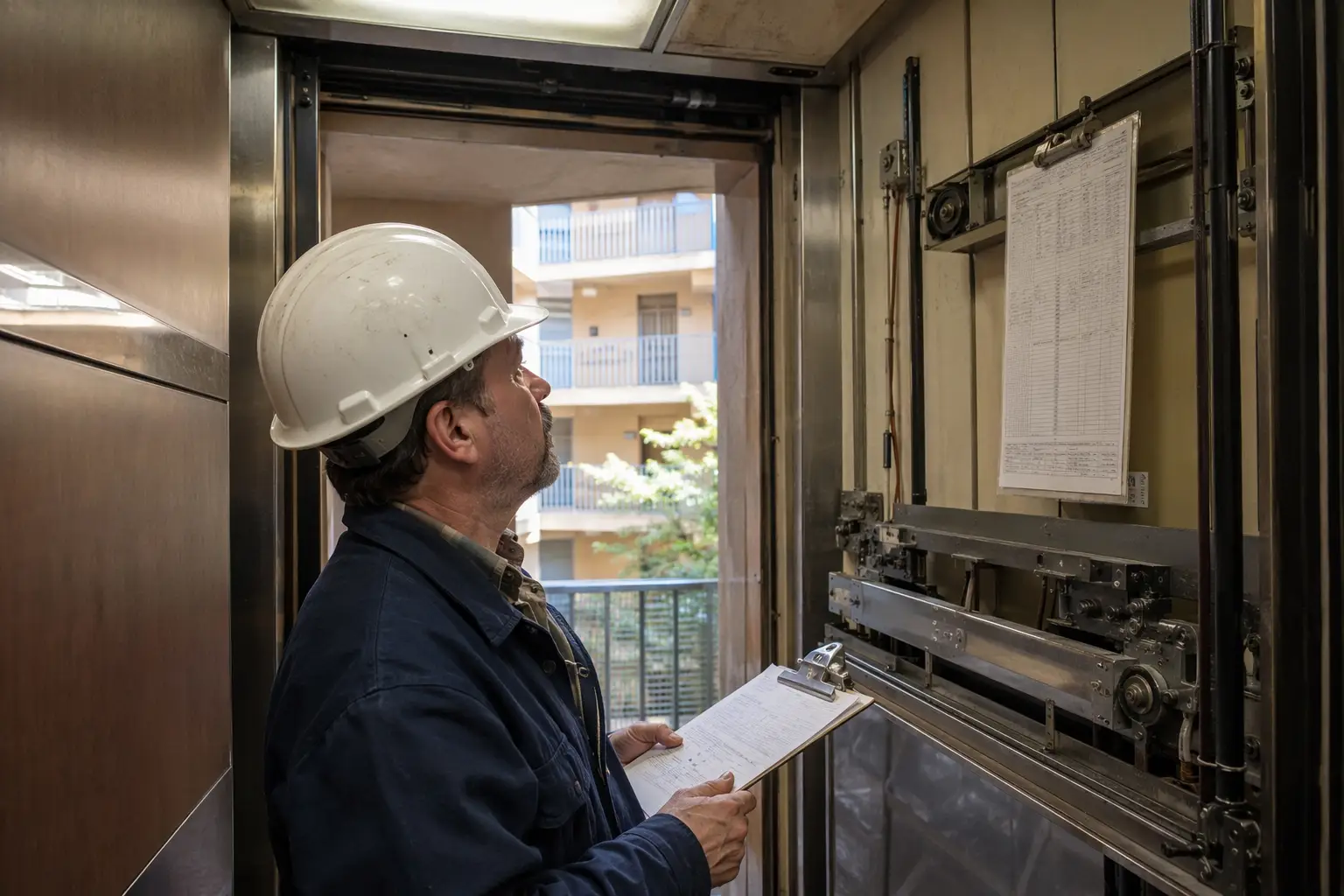 Elevator inspector reviewing a compliance checklist inside an older traction elevator cab at a Signal Hill CA apartment building, a key factor in elevator maintenance contract pricing decisions.
