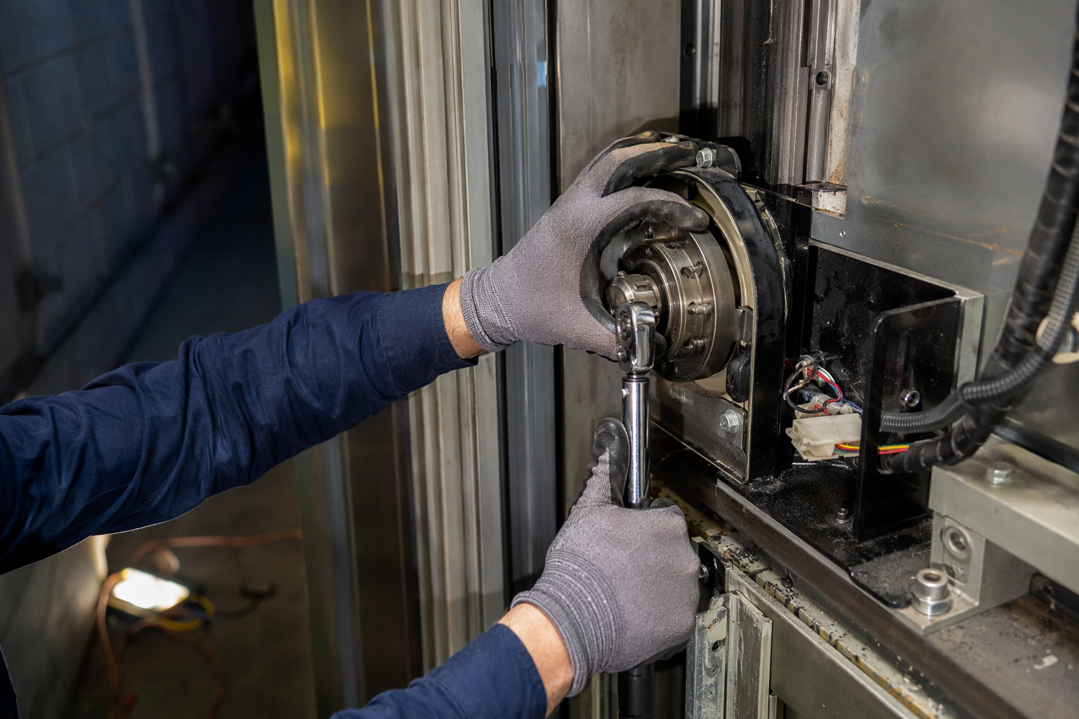 Preventive Door Operator Service Elevator technician replacing a worn door clutch during preventive maintenance service to reduce repair costs and improve elevator ROI in a Signal Hill CA building