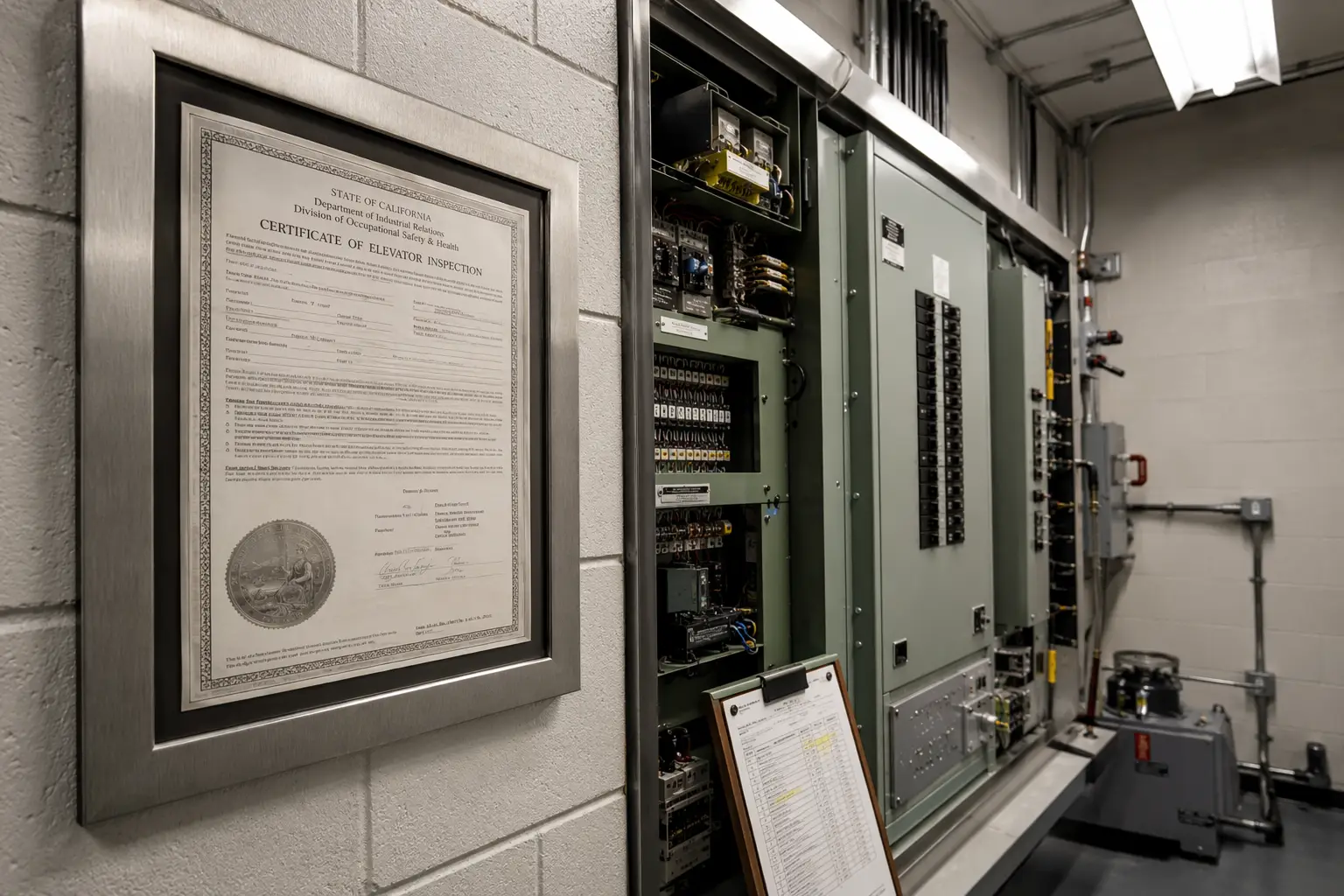 California Elevator Compliance Certificate California elevator inspection compliance certificate mounted in a machine room alongside a modern controller panel, representing regulatory cost avoidance through proper elevator maintenance