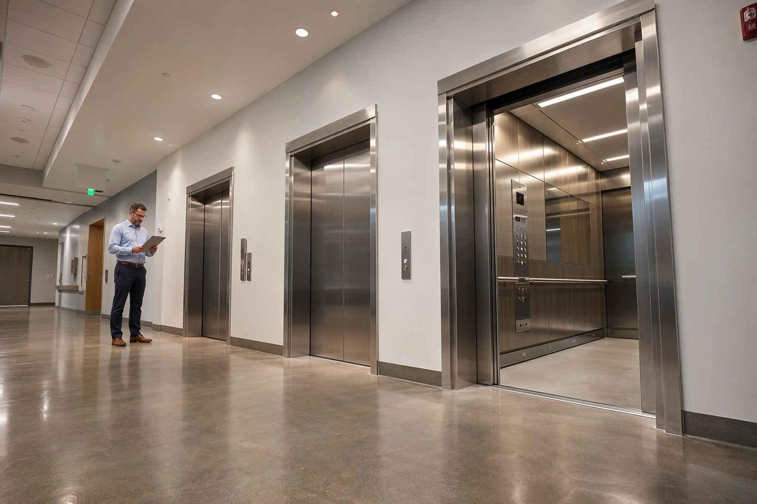 Hospital elevator bank in a Southern California healthcare facility showing three stainless-steel cab doors — subject of an elevator modernization cost breakdown project.