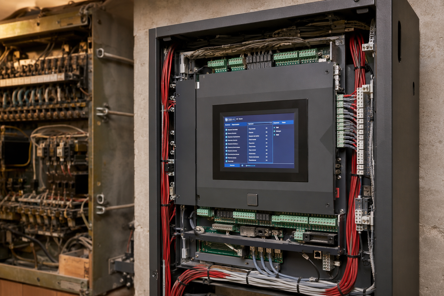 New solid-state elevator control panel installed beside legacy relay-logic controller in a machine room, illustrating the controls portion of an elevator modernization cost breakdown.