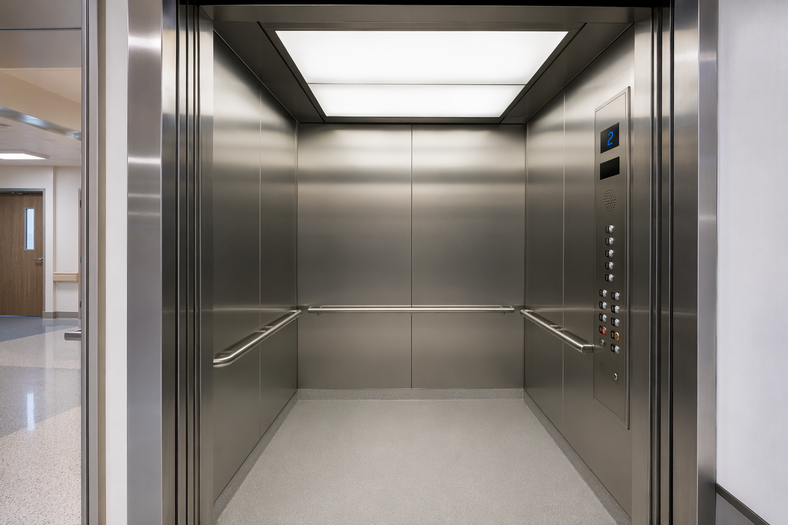 Modernized hospital elevator cab interior with ADA-compliant control panel, stainless-steel walls, and LED lighting — key cab upgrade components in a healthcare elevator modernization cost breakdown.