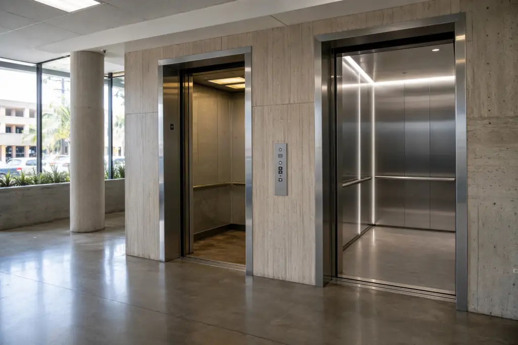 Side-by-side comparison of an aging elevator cab and a modernized elevator cab in a Long Beach CA commercial building lobby, illustrating modernization vs replacement cost decisions.