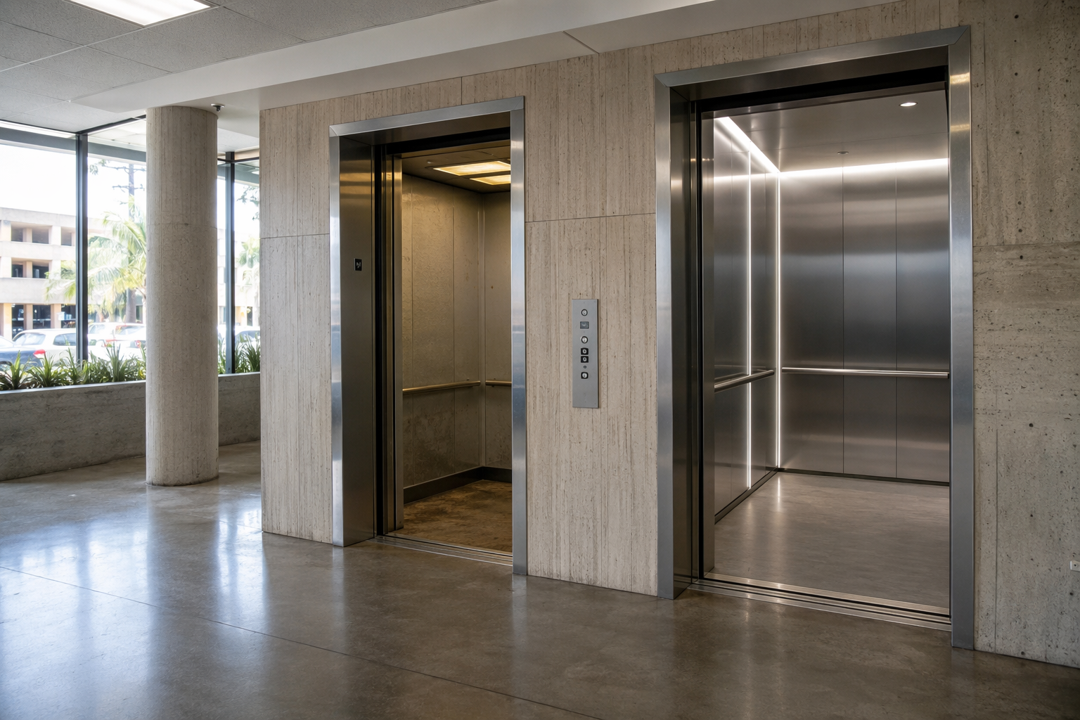 Elevator Modernization vs. Replacement: Before and After Side-by-side comparison of an aging elevator cab and a modernized elevator cab in a Long Beach CA commercial building lobby, illustrating modernization vs replacement cost decisions.