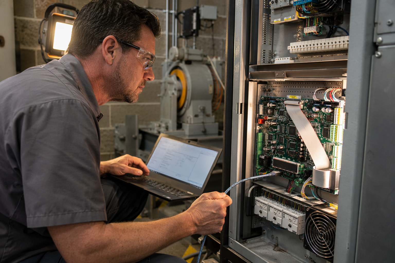 Control System Upgrade During Elevator Modernization Elevator technician upgrading a microprocessor control panel during a modernization project in a Signal Hill CA machine room, a core component of elevator modernization cost.